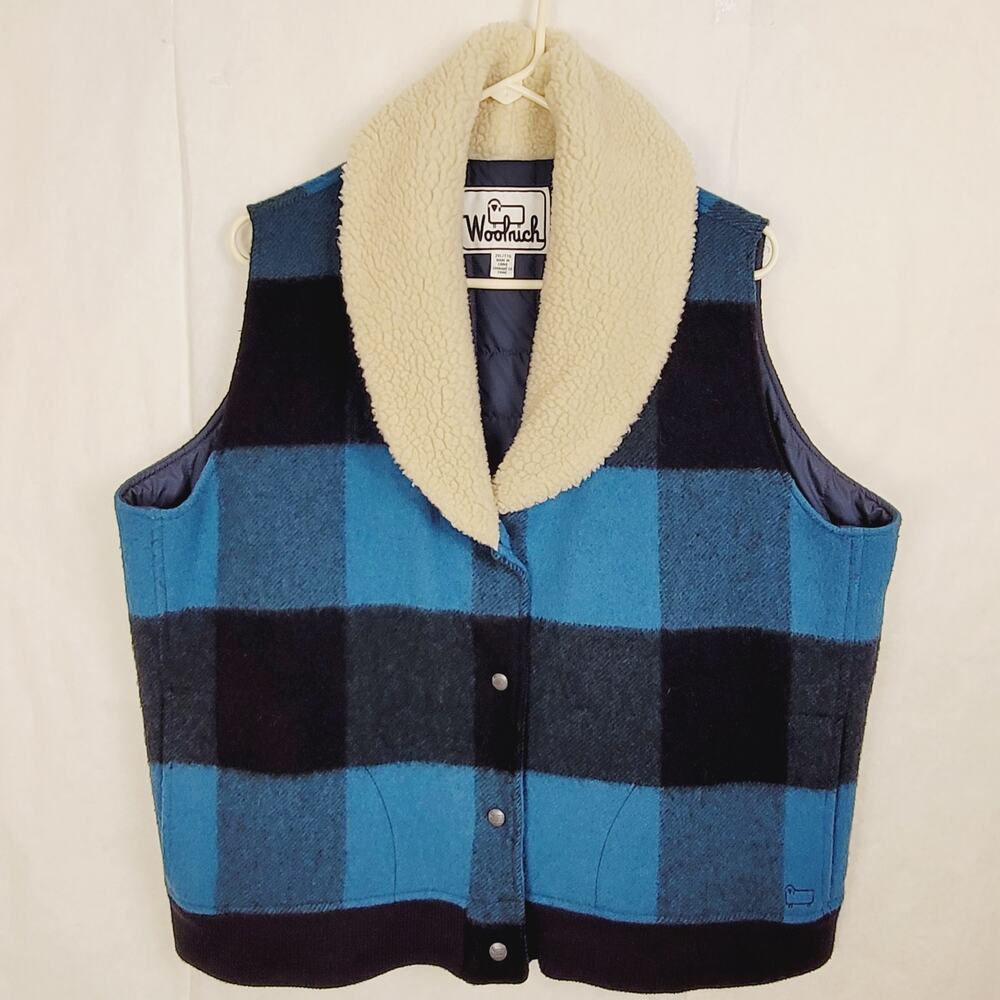 Woolrich blue Buffalo plaid wool sherpa collar vest Size 2XL Cabincore Retro